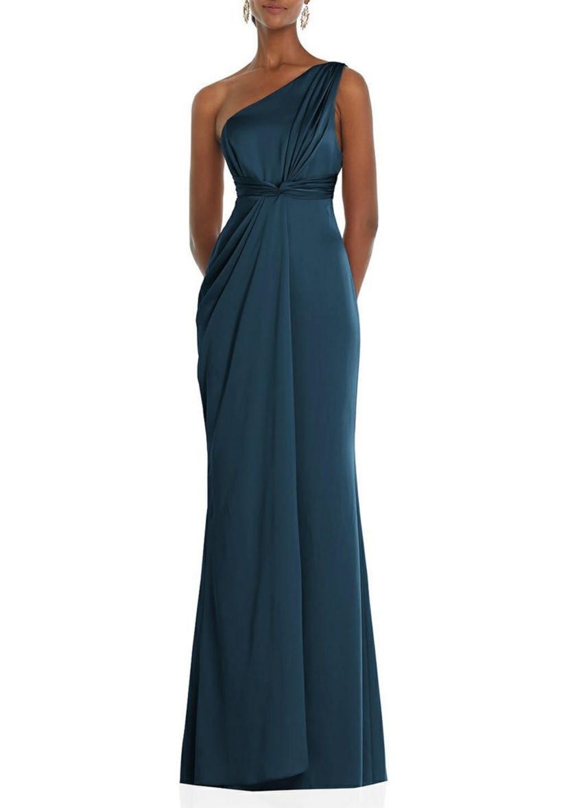 One-Shoulder Draped Twist Empire Waist Trumpet Gown