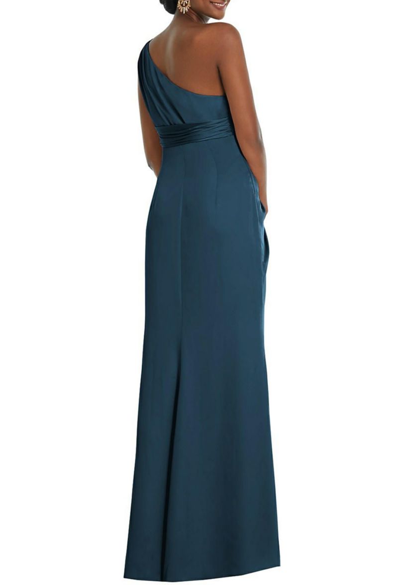 One-Shoulder Draped Twist Empire Waist Trumpet Gown