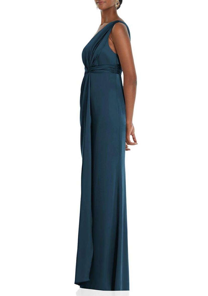 One-Shoulder Draped Twist Empire Waist Trumpet Gown