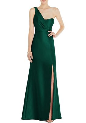 Alfred Sung Draped One-Shoulder Satin Trumpet Gown with Front Slit, 16 -  0888293234407