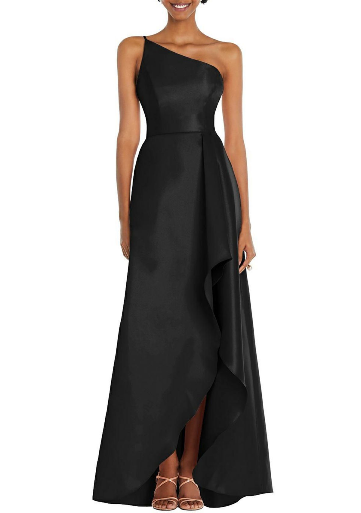 One-Shoulder Satin Gown with Draped Front Slit and Pockets
