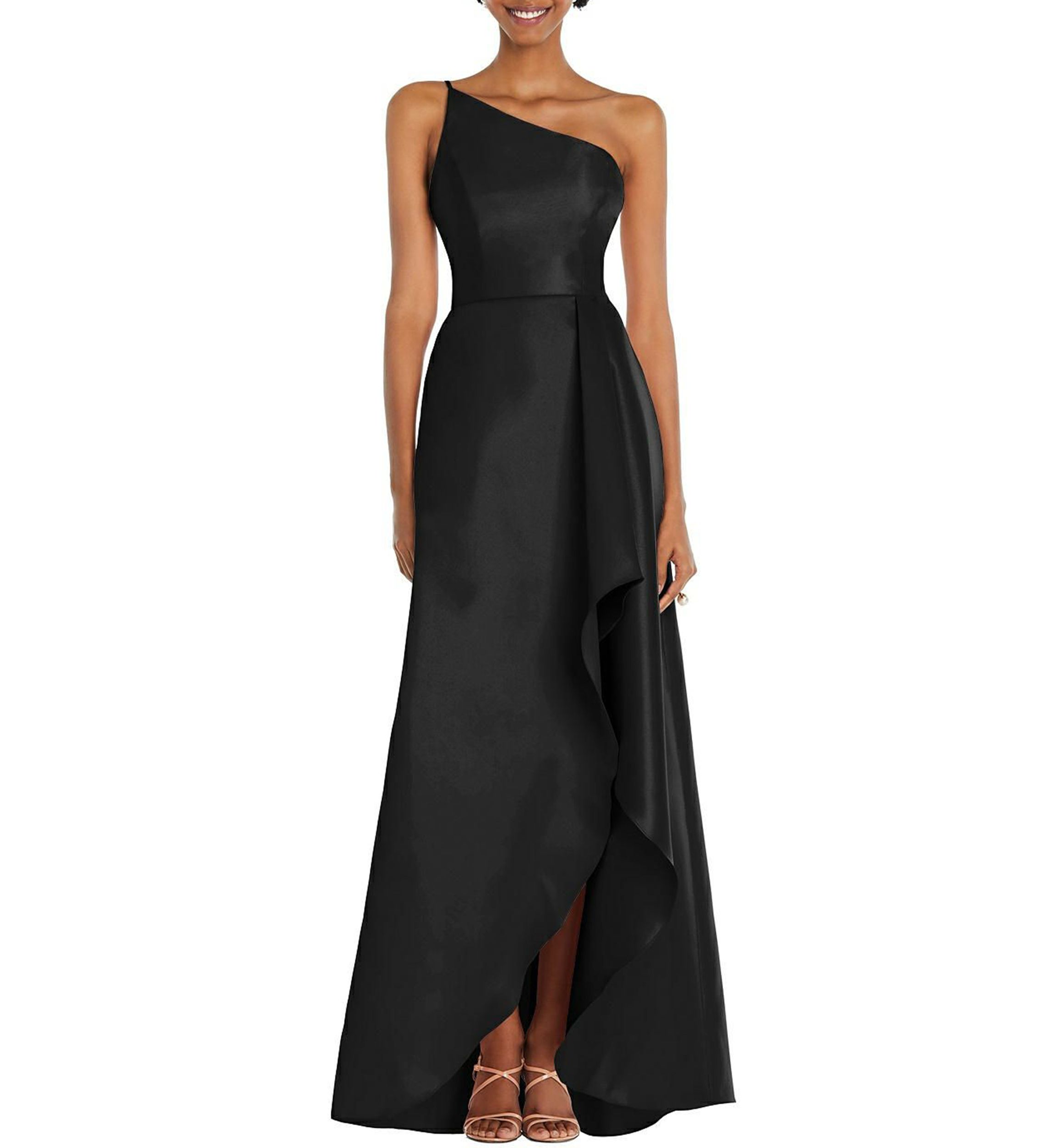 One-Shoulder Satin Gown with Draped Front Slit and Pockets