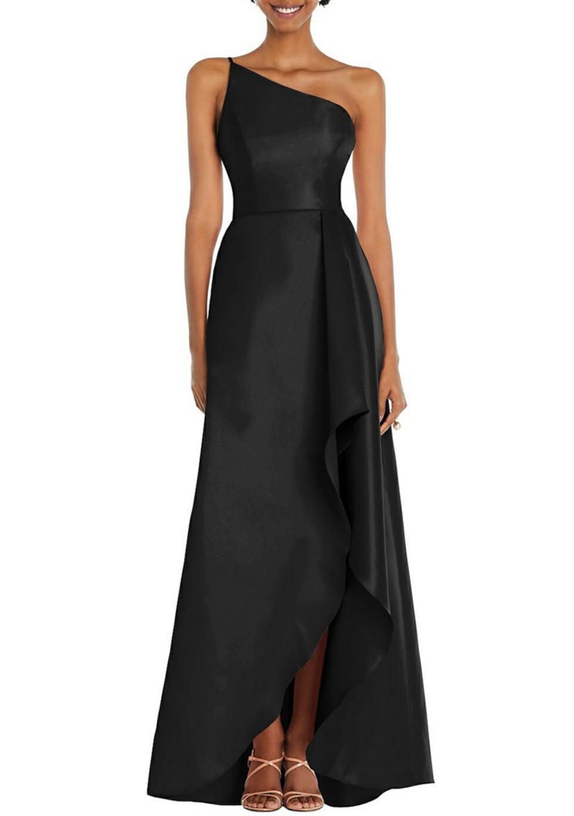 One-Shoulder Satin Gown with Draped Front Slit and Pockets