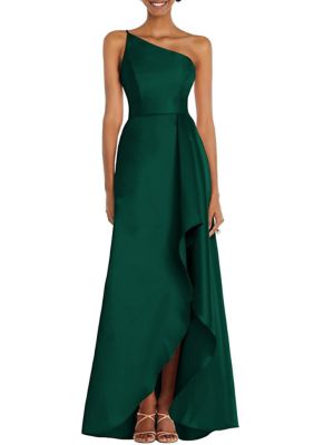 Alfred Sung Women's One-Shoulder Satin Gown with Draped Front Slit and Pockets, 24