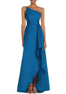 Alfred Sung One-Shoulder Satin Gown with Draped Front Slit and Pockets, Blue, 16 -  0888293234797