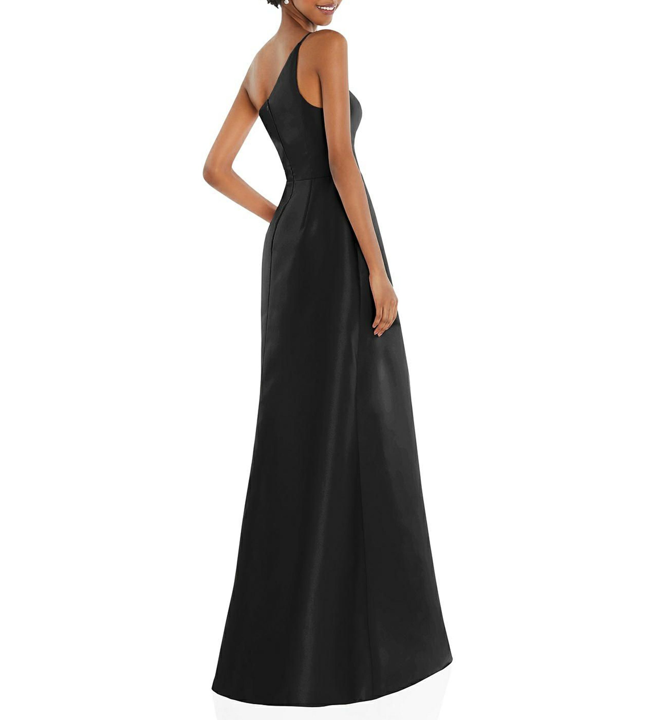 One-Shoulder Satin Gown with Draped Front Slit and Pockets