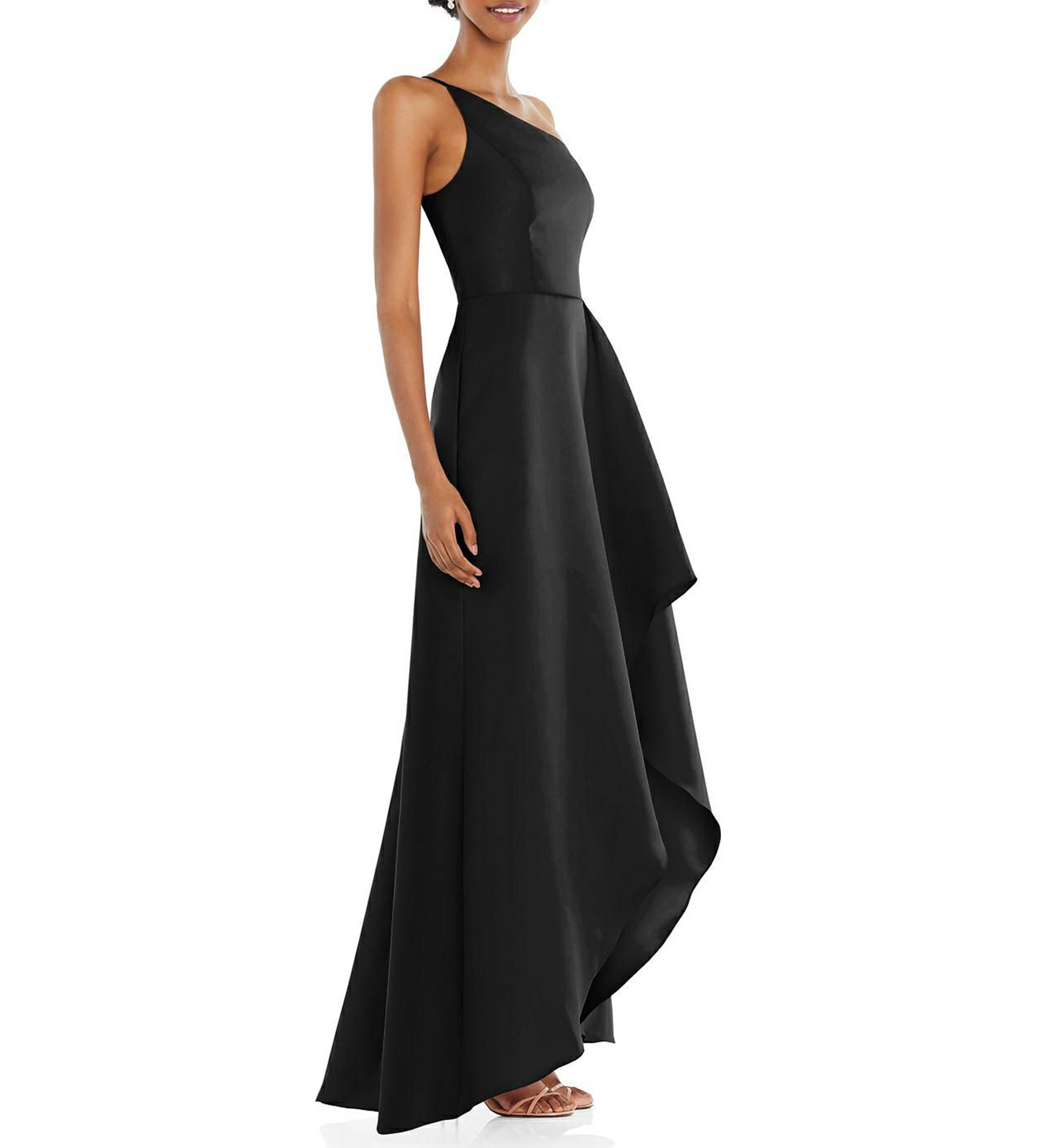 One-Shoulder Satin Gown with Draped Front Slit and Pockets