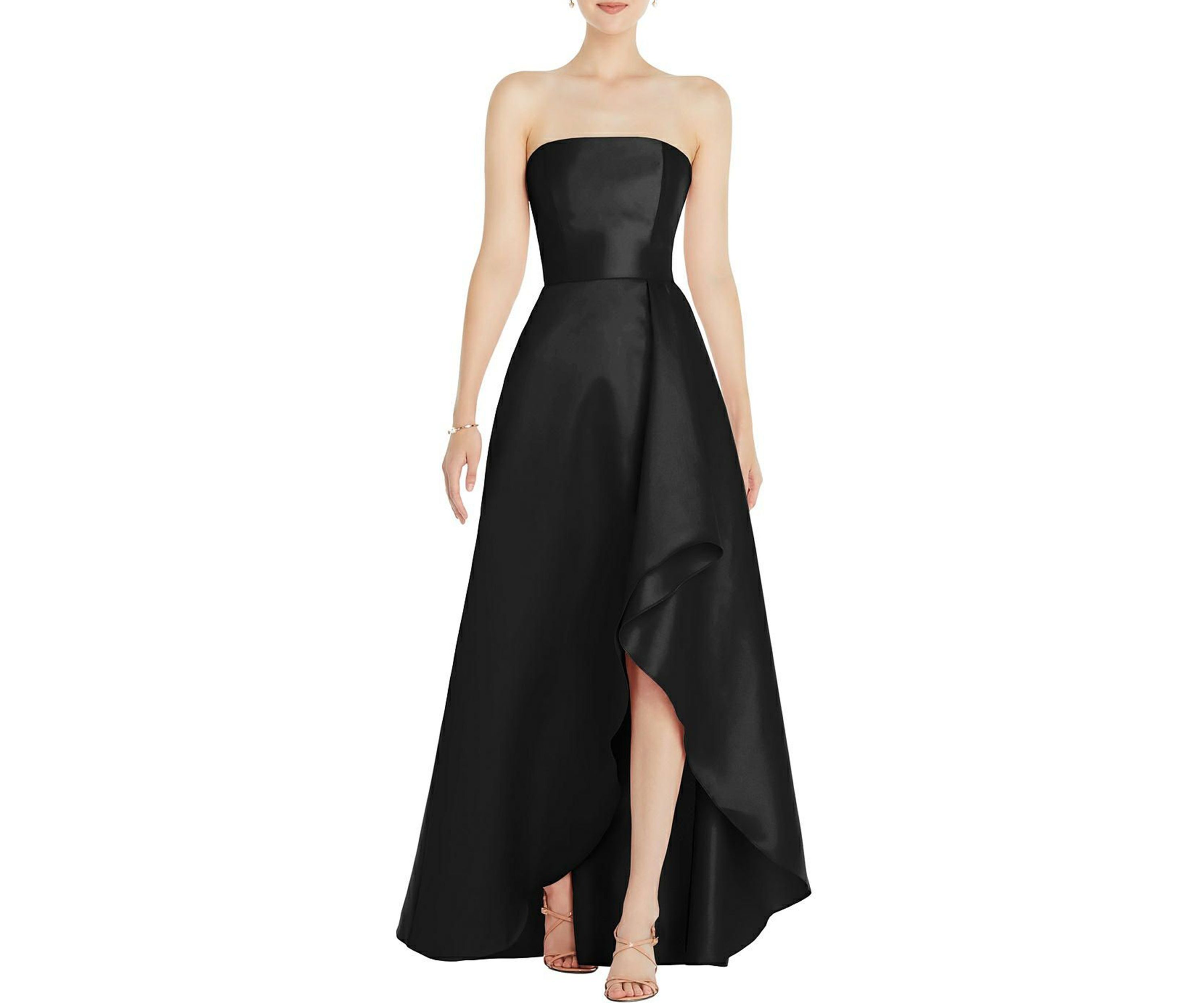 Strapless Satin Gown with Draped Front Slit and Pockets