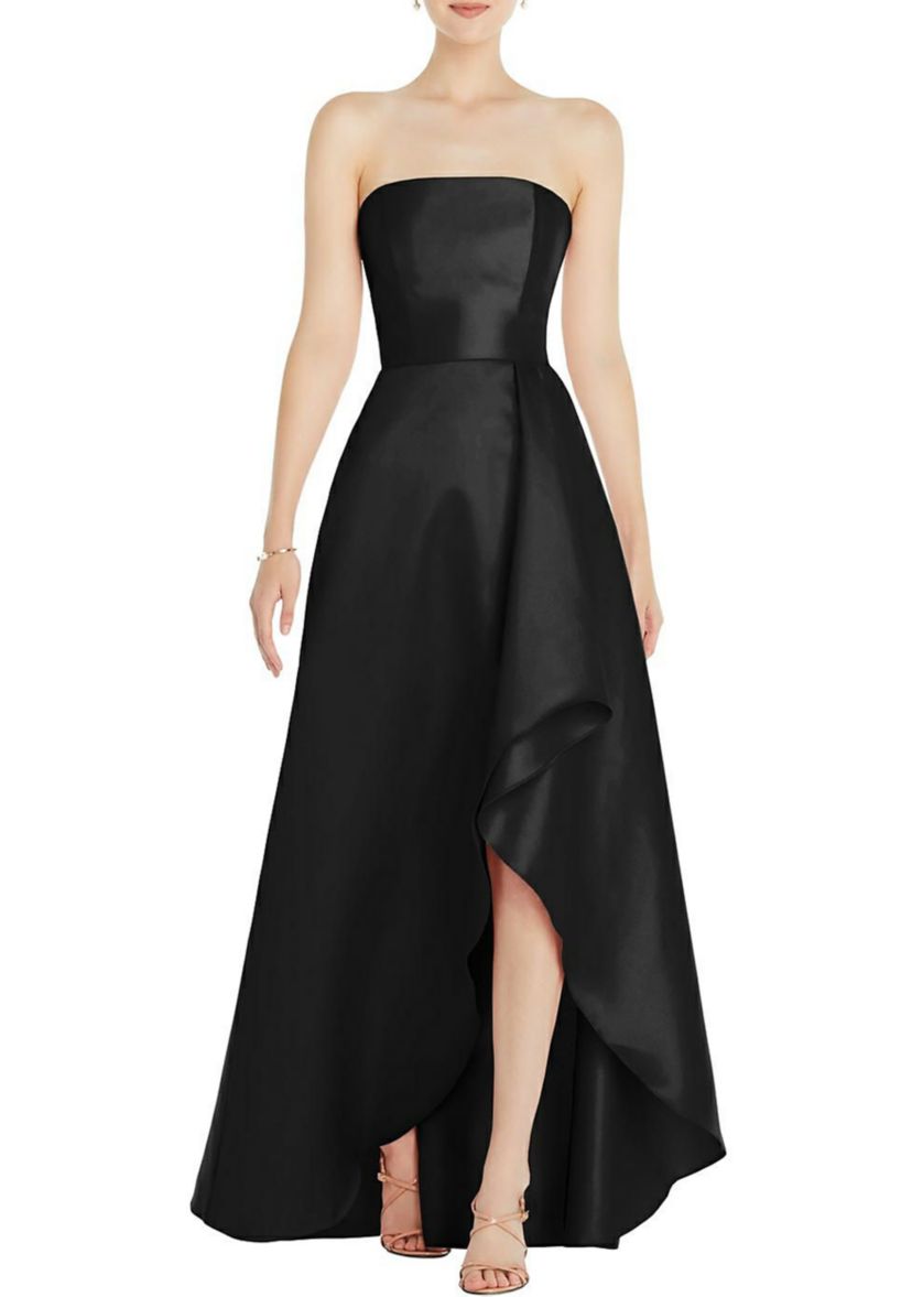 Strapless Satin Gown with Draped Front Slit and Pockets