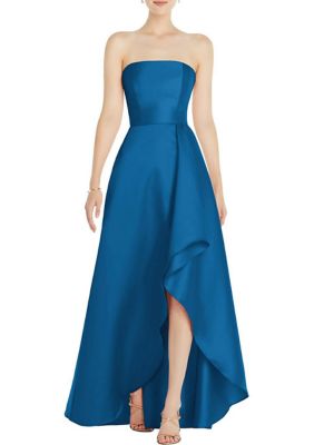 Alfred Sung Strapless Satin Gown with Draped Front Slit and Pockets, Blue, 2 -  0888293235244