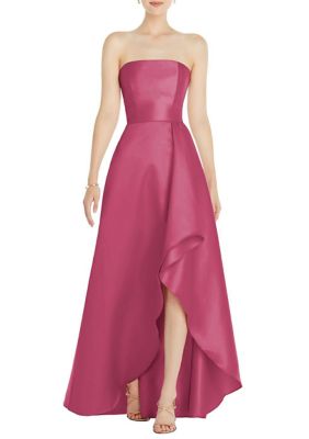 Strapless Satin Gown with Draped Front Slit and Pockets