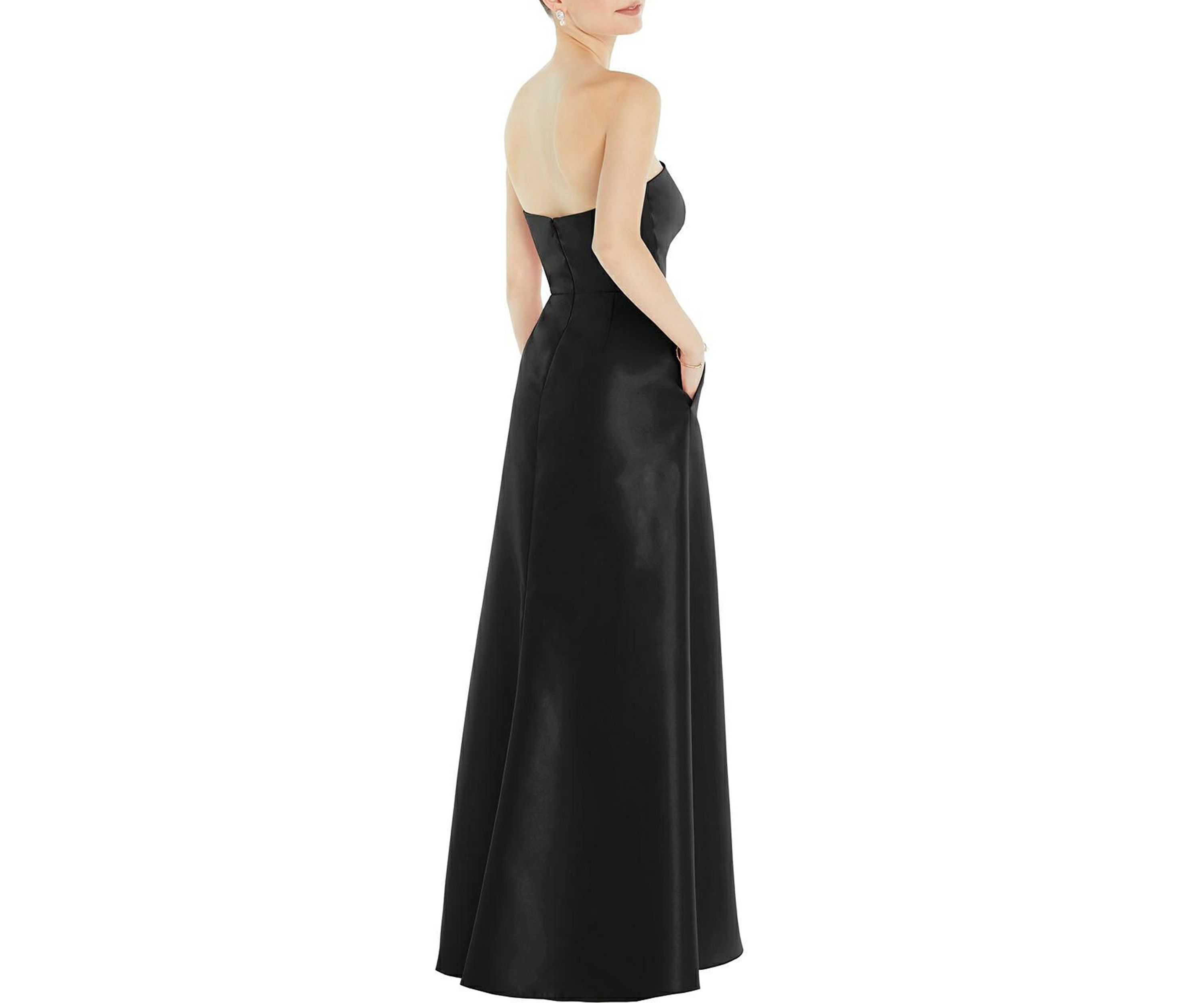 Strapless Satin Gown with Draped Front Slit and Pockets