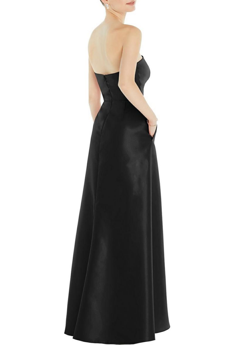 Strapless Satin Gown with Draped Front Slit and Pockets