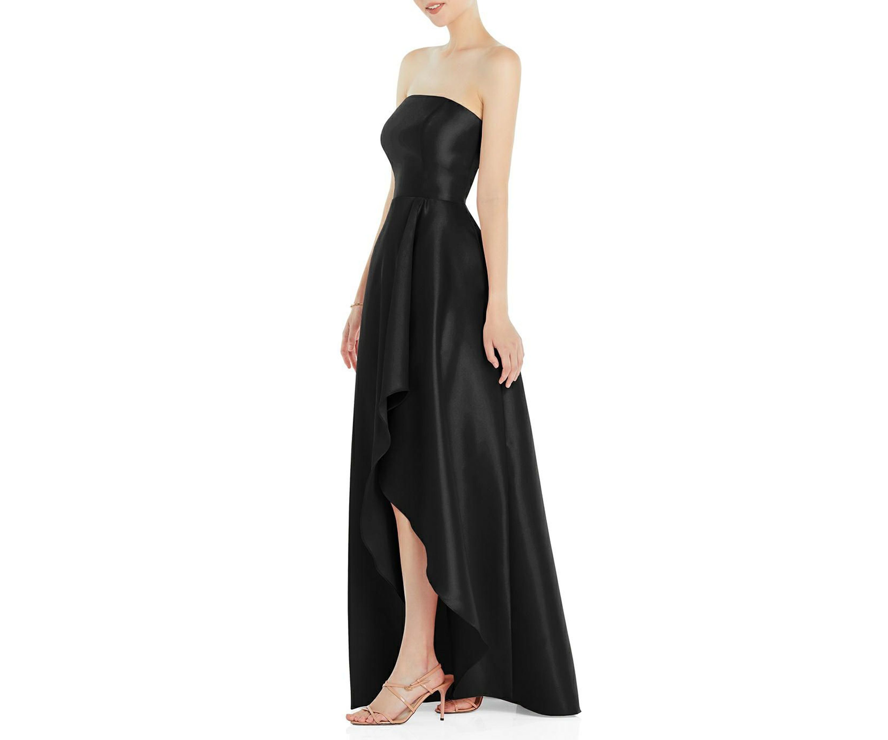 Strapless Satin Gown with Draped Front Slit and Pockets