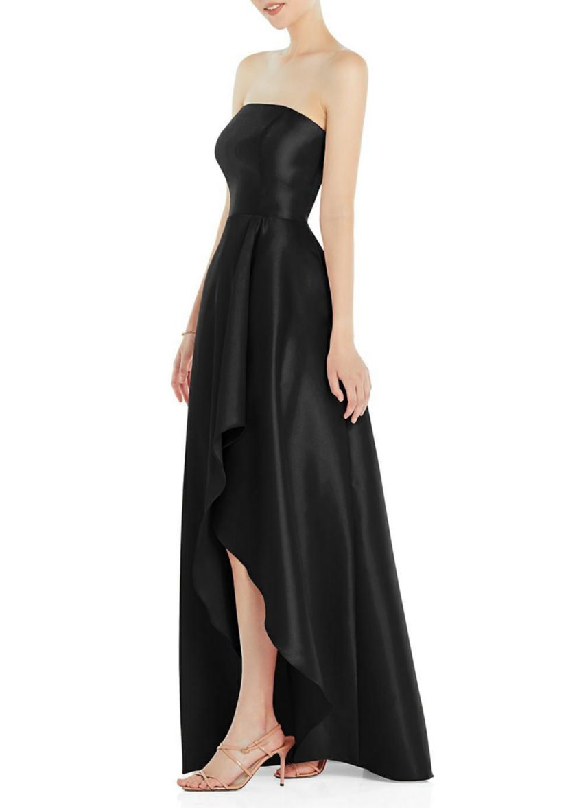 Strapless Satin Gown with Draped Front Slit and Pockets