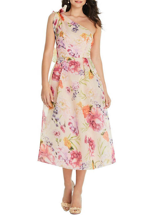 Alfred Sung Scarf-Tie One-Shoulder Pink Floral Organdy Midi