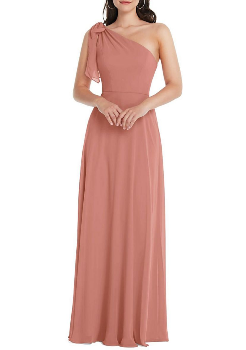 Draped One-Shoulder Maxi Dress with Scarf Bow