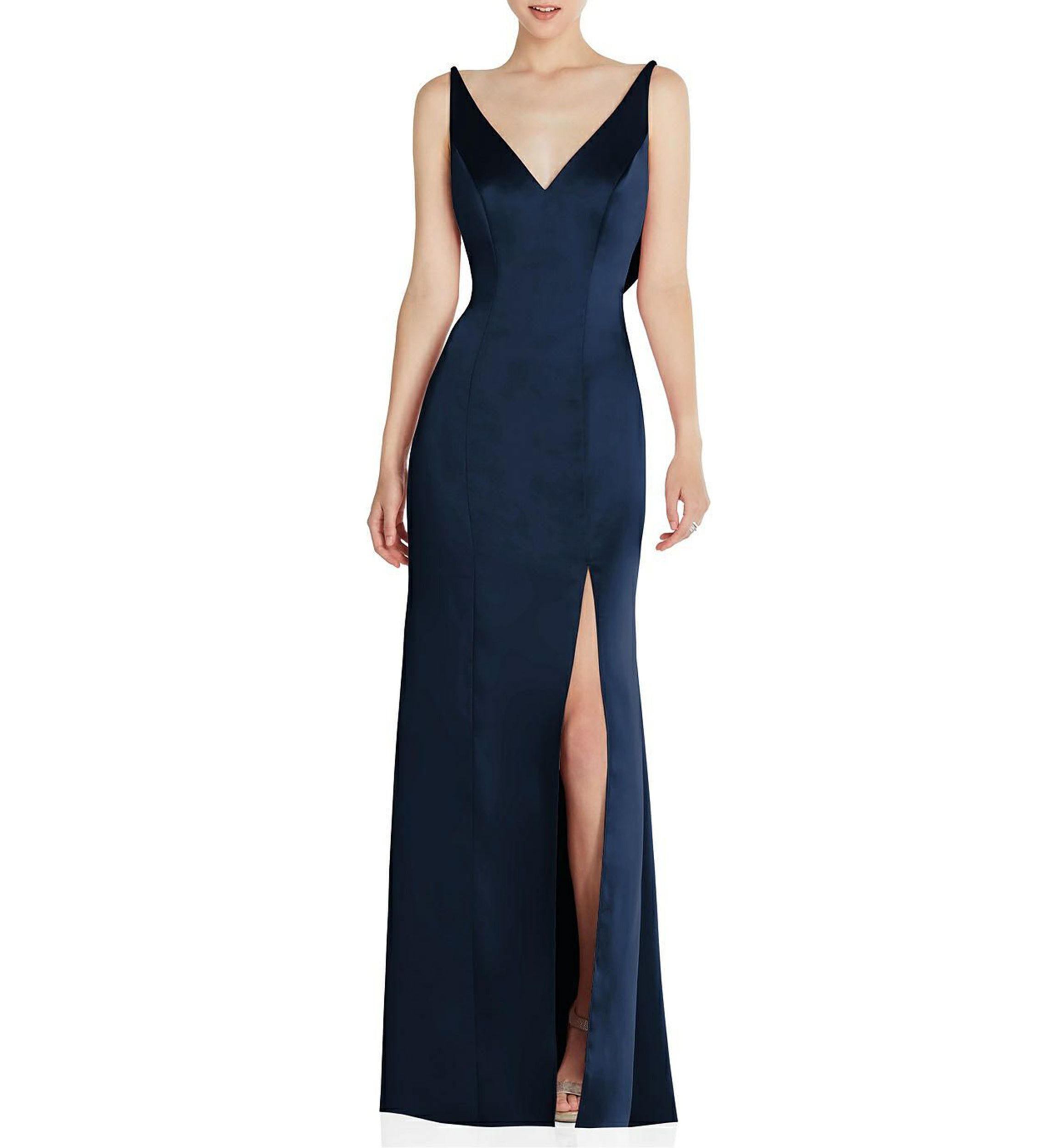 Draped Cowl-Back Princess Line Dress with Front Slit