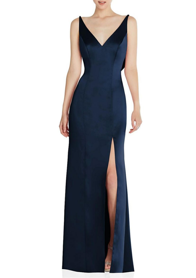 Draped Cowl-Back Princess Line Dress with Front Slit