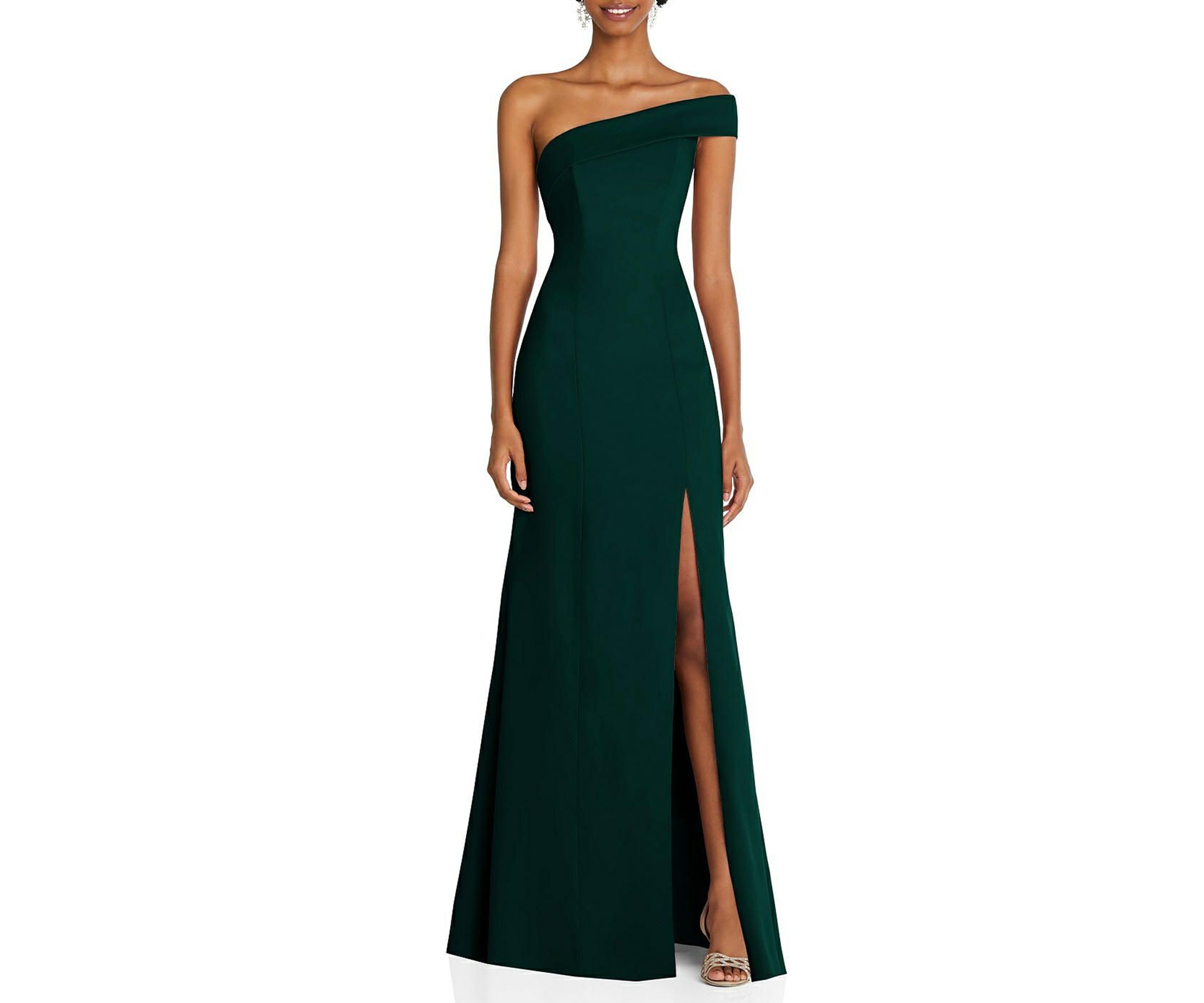 After Six Asymmetrical Off-the-Shoulder Cuff Trumpet Gown With Front ...