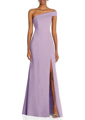 After Six Women's Asymmetrical Off-the-Shoulder Cuff Trumpet Gown With Front Slit, Purple, 12