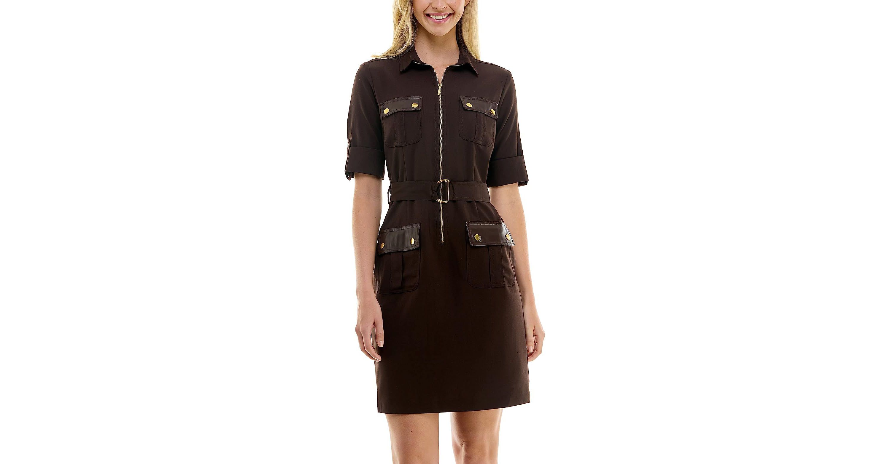 Four Pocket Sharkskin Shirtdress with Pleather Trim