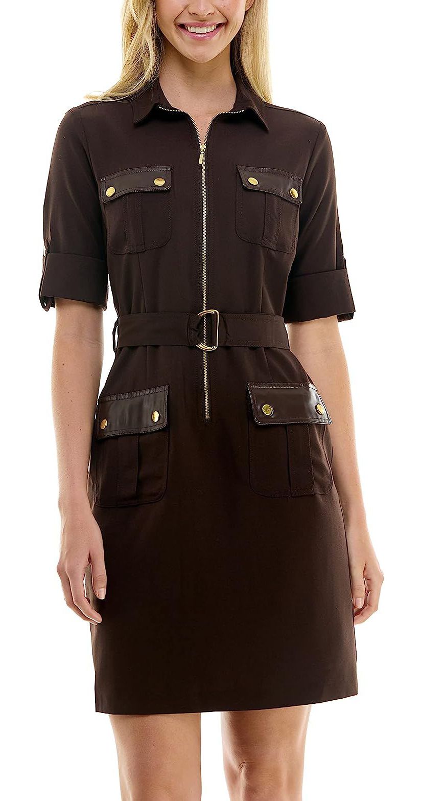 Four Pocket Sharkskin Shirtdress with Pleather Trim
