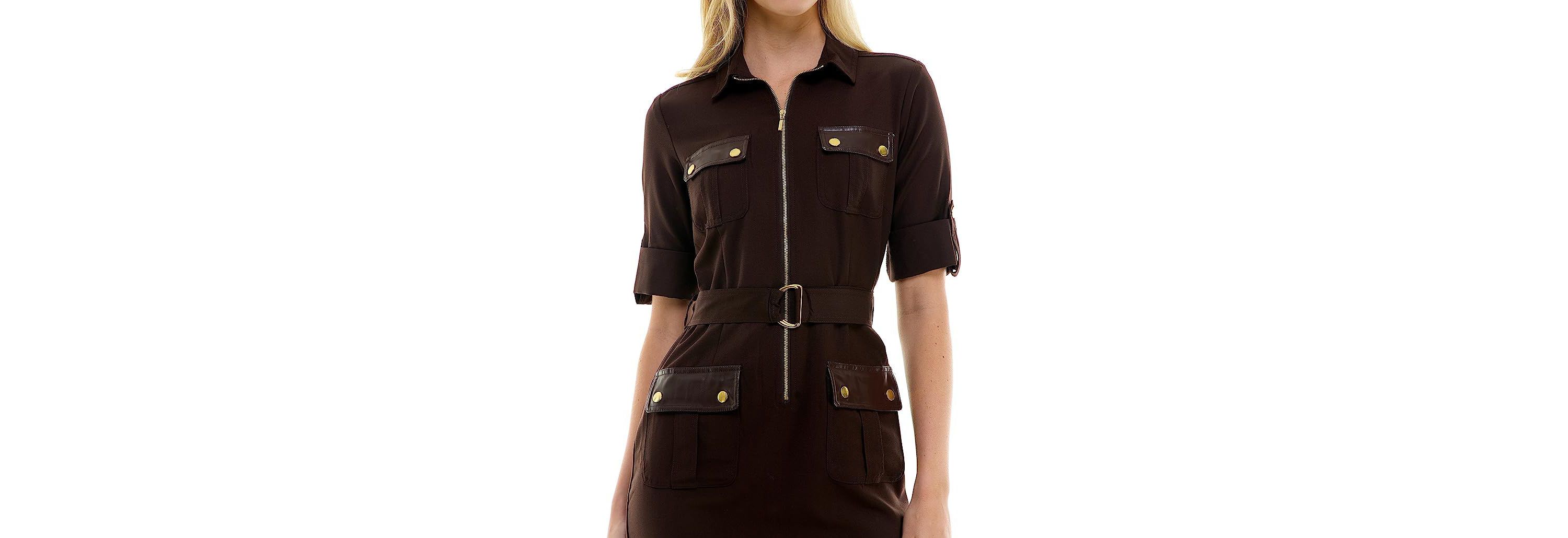 Four Pocket Sharkskin Shirtdress with Pleather Trim