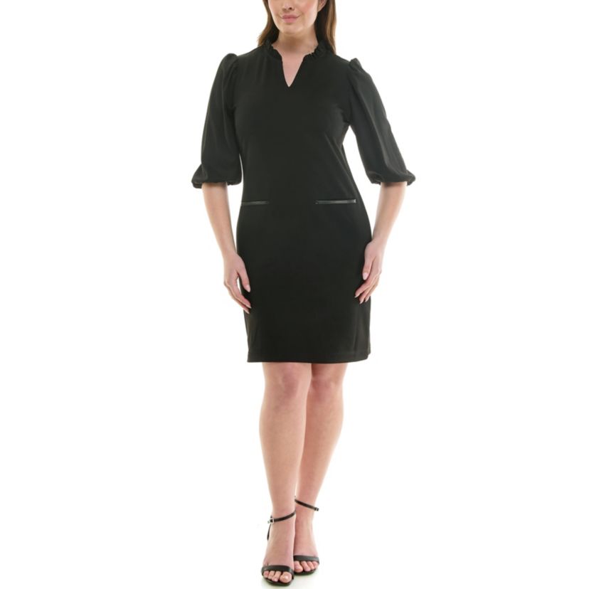 Ruffle Nk Puff Sleeve Pleather Trim Pocket Dress