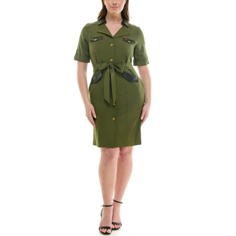 Pleather Detailed Trim 4 pocket Dress W/ Belt