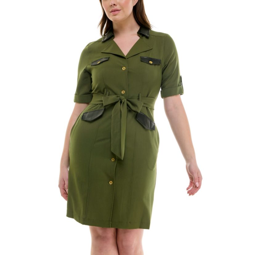 Pleather Detailed Trim 4 pocket Dress W/ Belt