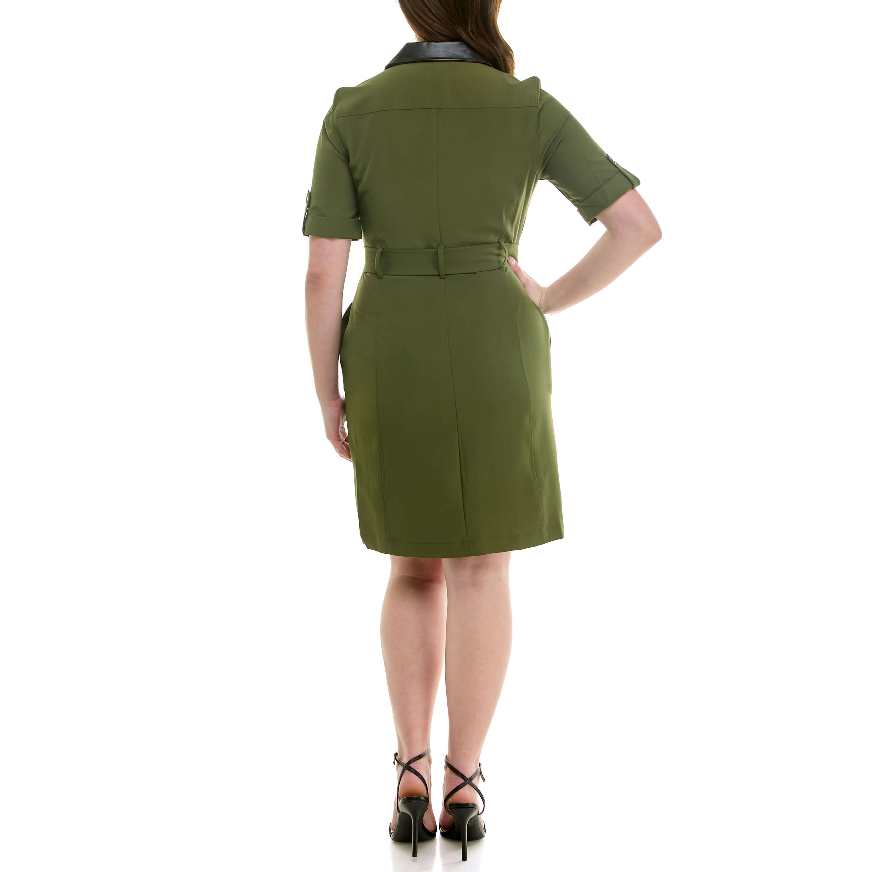 Pleather Detailed Trim 4 pocket Dress W/ Belt