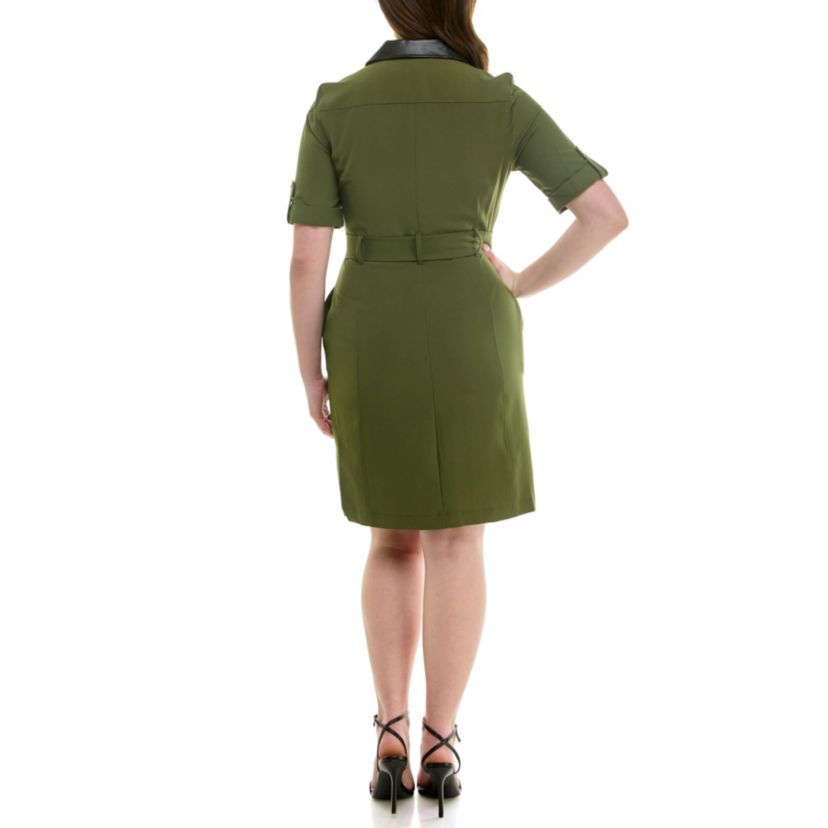 Pleather Detailed Trim 4 pocket Dress W/ Belt