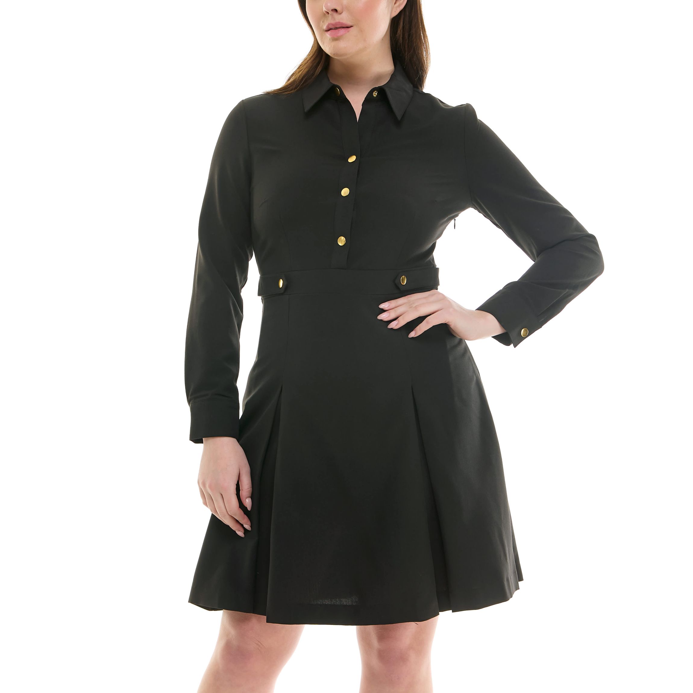 Inverted Pleat Long Sleeve Detailed Waist Shirt Dress