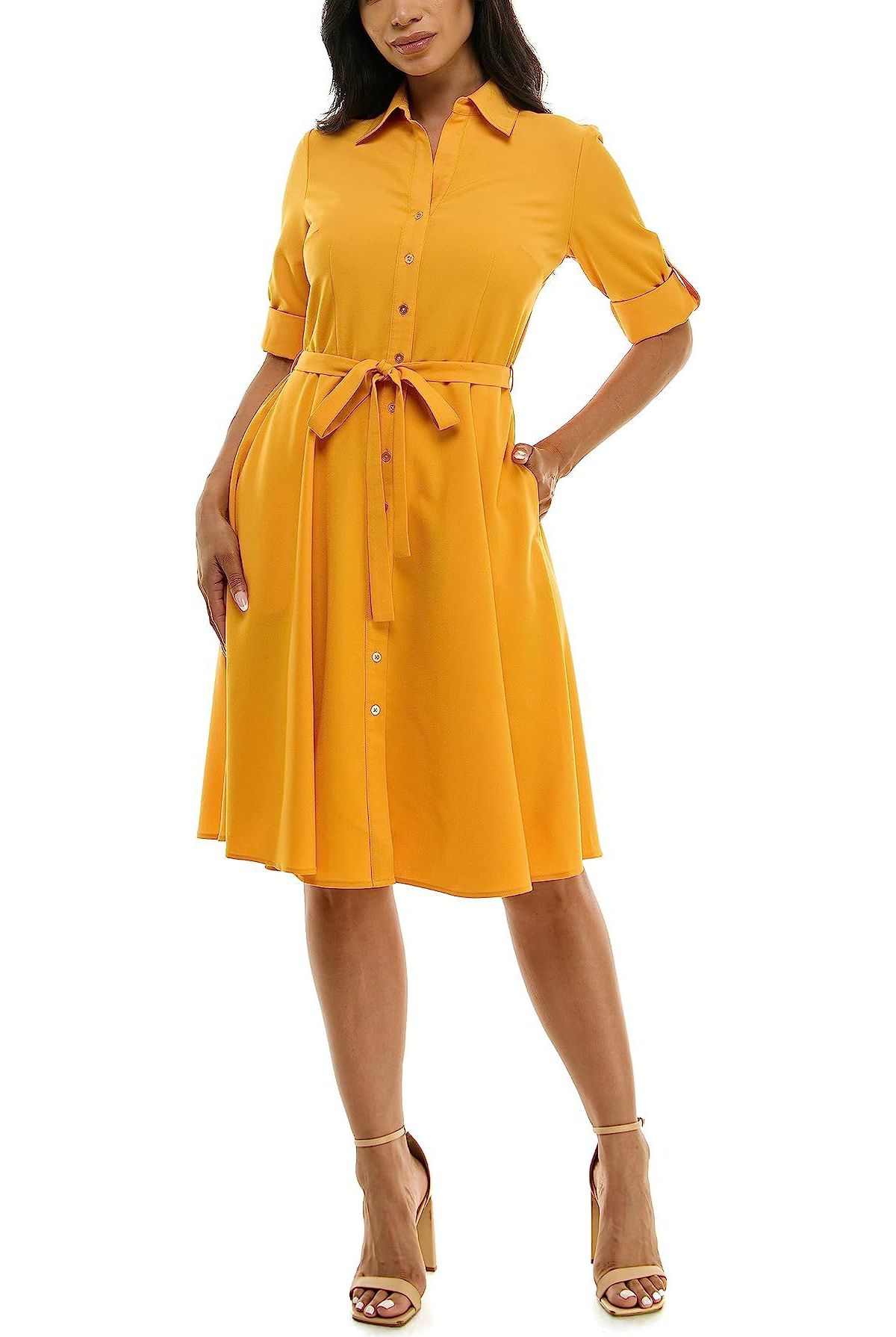 3/4 Sleeve Button To Hem Sharkskin Shirtdress