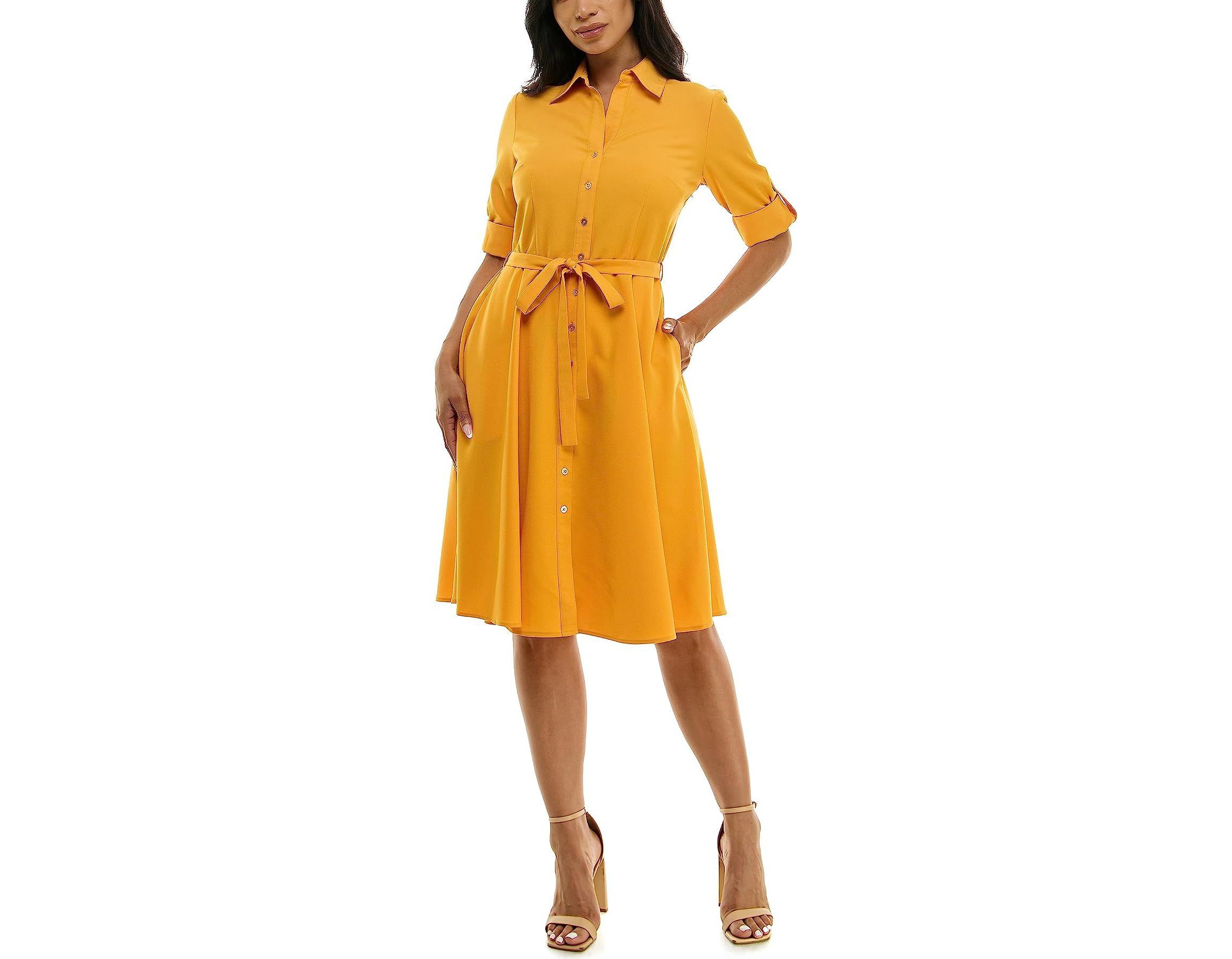 3/4 Sleeve Button To Hem Sharkskin Shirtdress