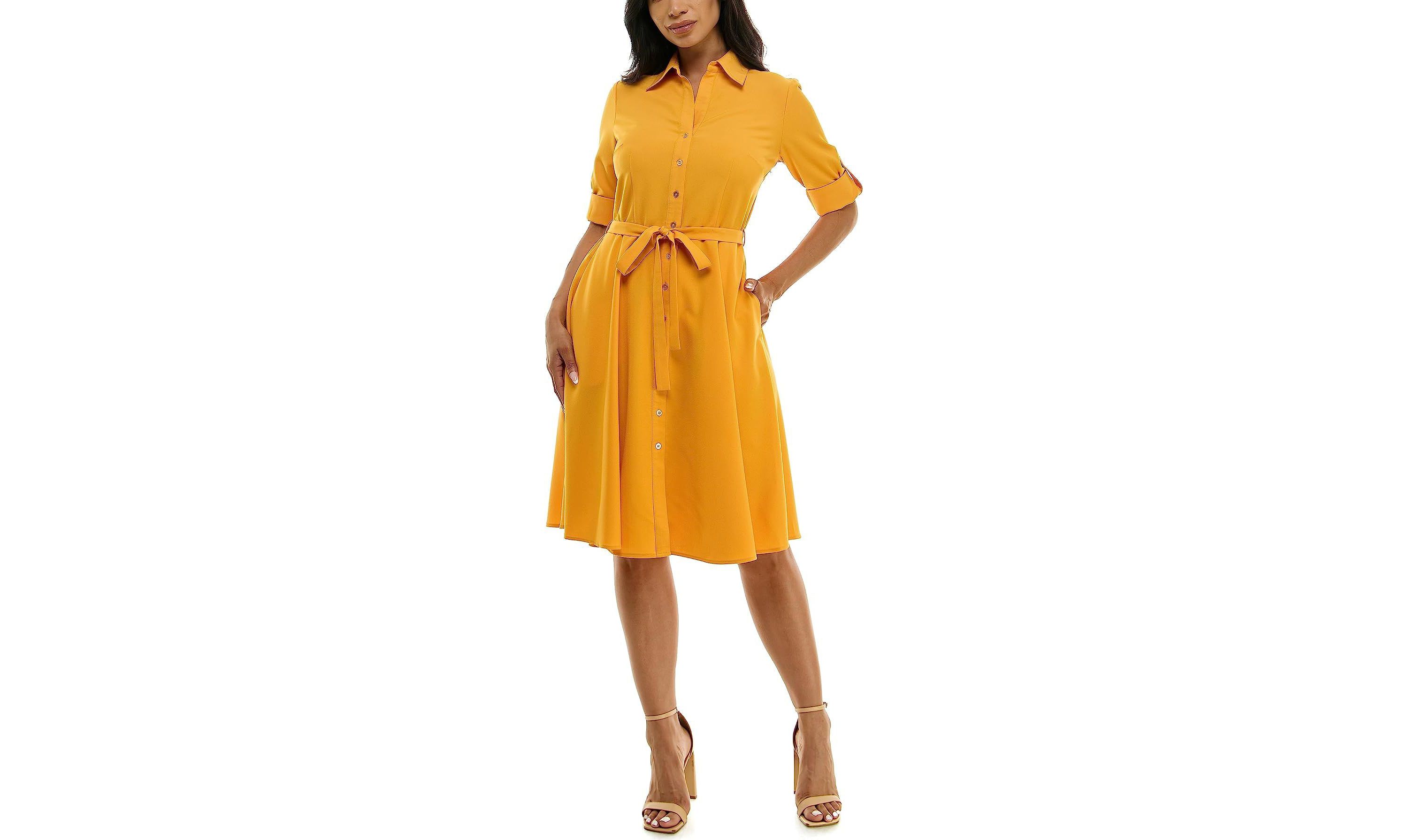 3/4 Sleeve Button To Hem Sharkskin Shirtdress