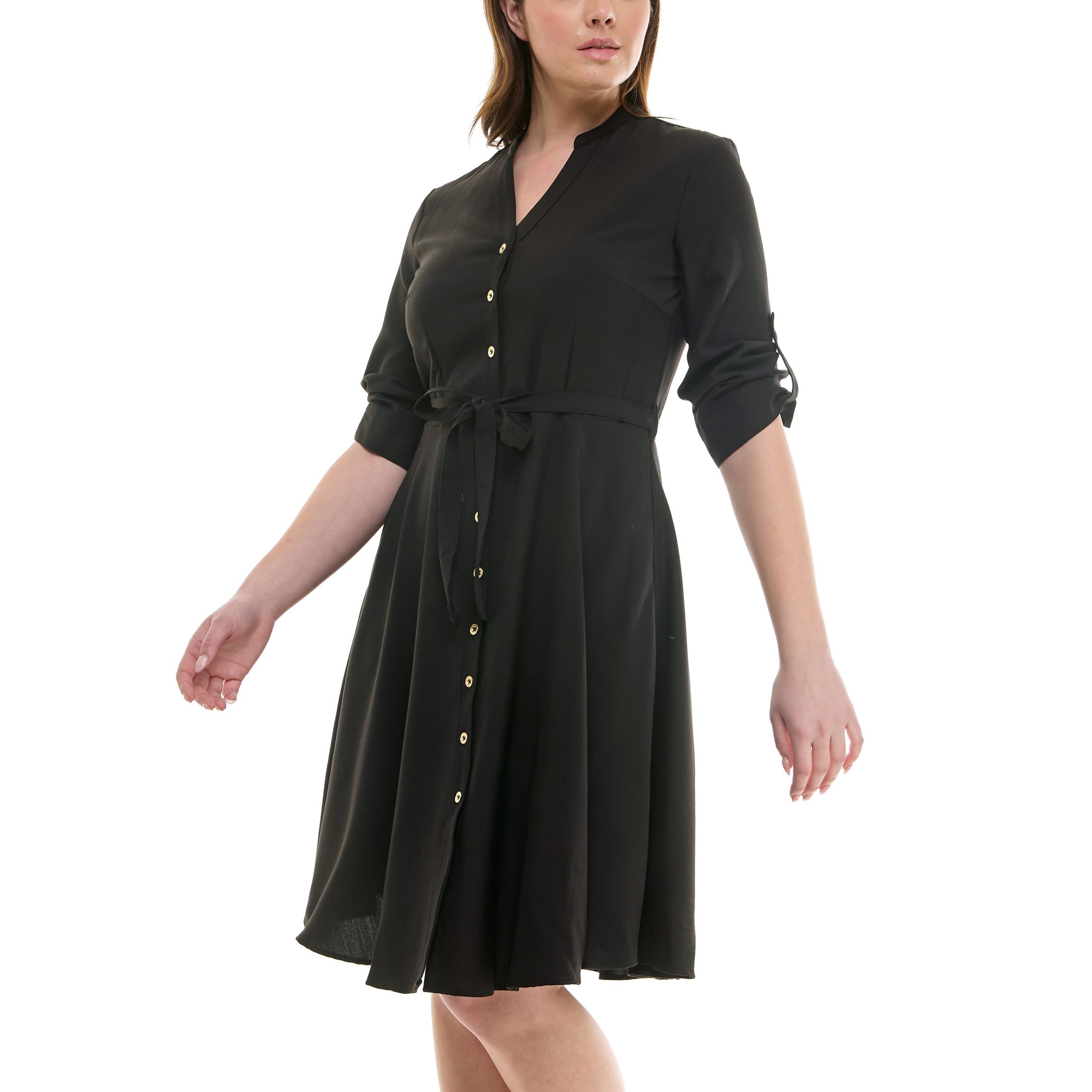 Mandarin Collar Roll Tab Slvs W/  Belt Shirt Dress