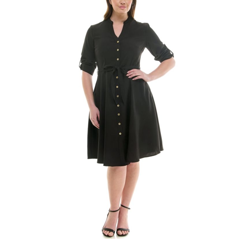 Mandarin Collar Roll Tab Slvs W/  Belt Shirt Dress