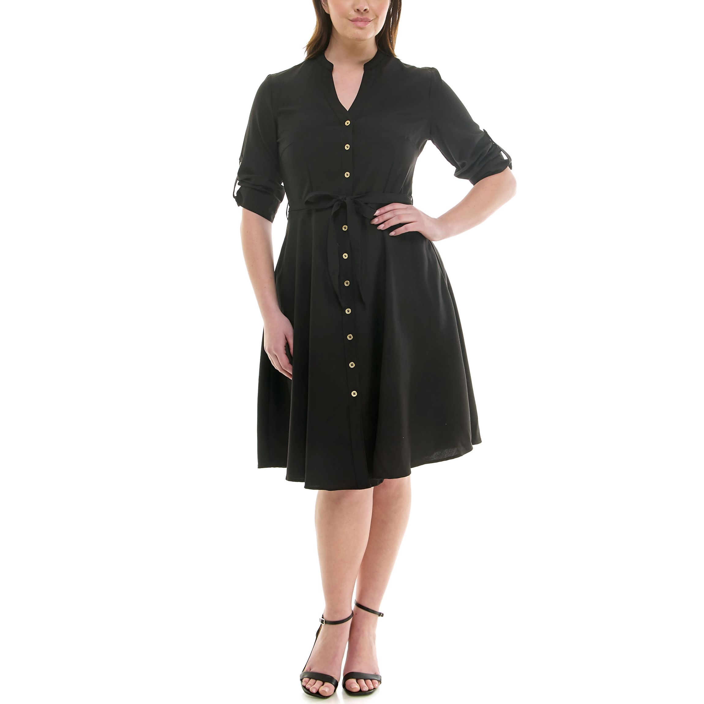 Mandarin Collar Roll Tab Slvs W/  Belt Shirt Dress