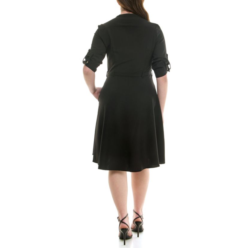 Mandarin Collar Roll Tab Slvs W/  Belt Shirt Dress