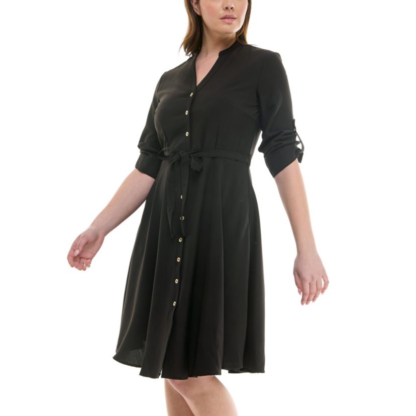 Mandarin Collar Roll Tab Slvs W/  Belt Shirt Dress
