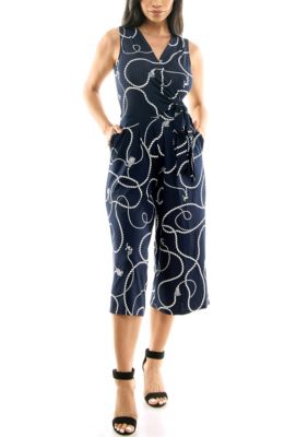 Nina Leonard Women's Sleeveless Wrap Culotte Jumpsuit Allover Print, White, XL