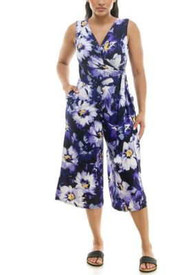 Nina Leonard Women's Sleeveless Wrap Culotte Jumpsuit Allover Print, XL