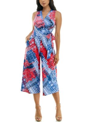 Nina Leonard Women's Sleeveless Wrap Culotte Jumpsuit Allover Print, XL