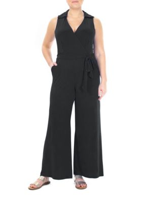 Nina Leonard Women's Sleeveless Surplice Jumpsuit With Self Belt, Black, Small