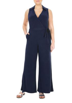 Nina Leonard Women's Sleeveless Surplice Jumpsuit With Self Belt, Navy Blue, XL