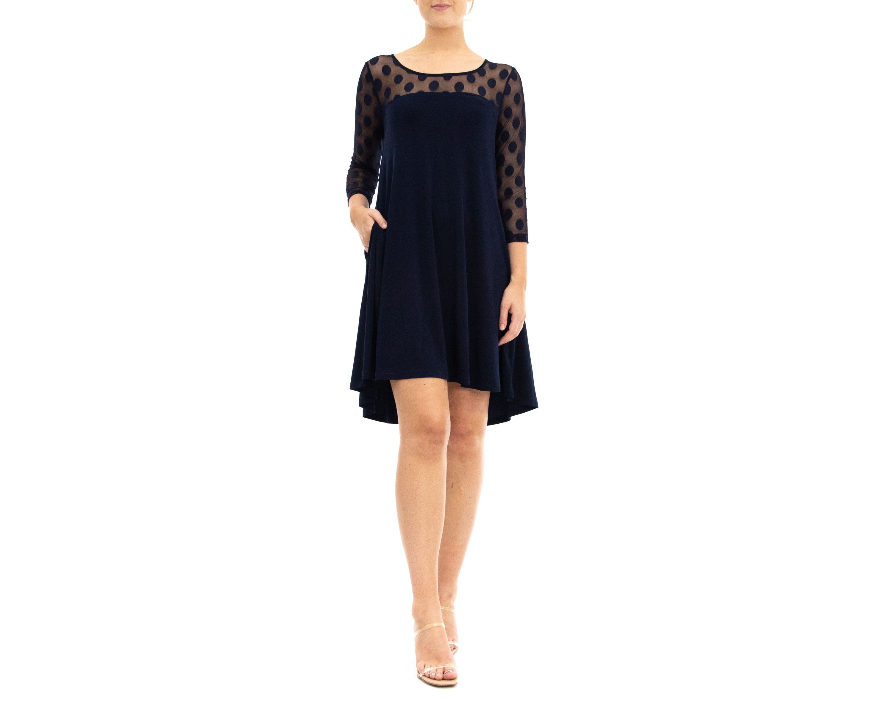 3/4 Sleeve Trapeze Dress With Dot Illusion Yoke