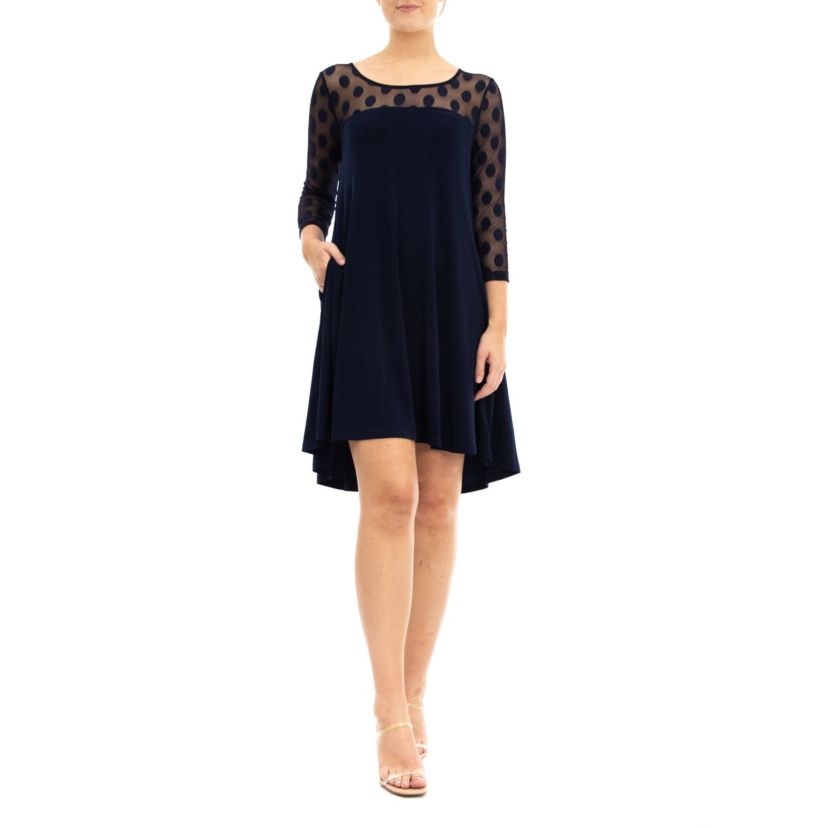 3/4 Sleeve Trapeze Dress With Dot Illusion Yoke