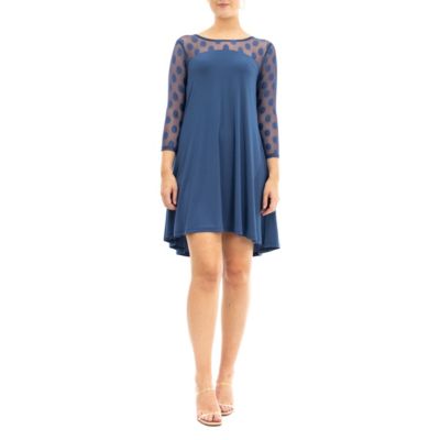 Nina Leonard Women's 3/4 Sleeve Trapeze Dress With Dot Illusion Yoke, Blue, XL
